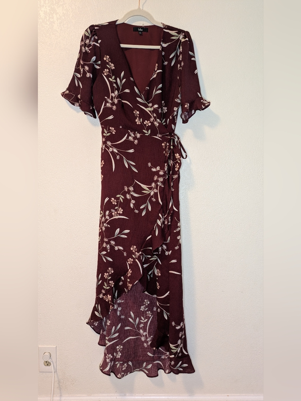 Lulu's Wild Winds Burgundy Floral Print High-Low Wrap  Dress - Picture 6 of 11